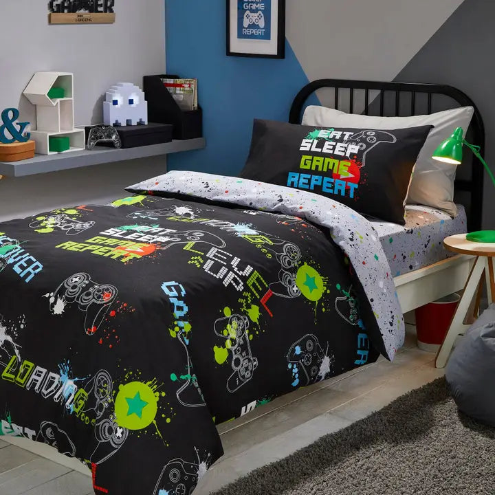 Bedlam - Black Gaming Duvet Cover with reversible splatter design