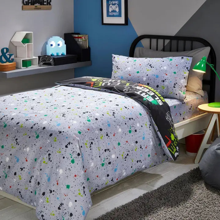Bedlam - Black Gaming Duvet Cover with reversible splatter design